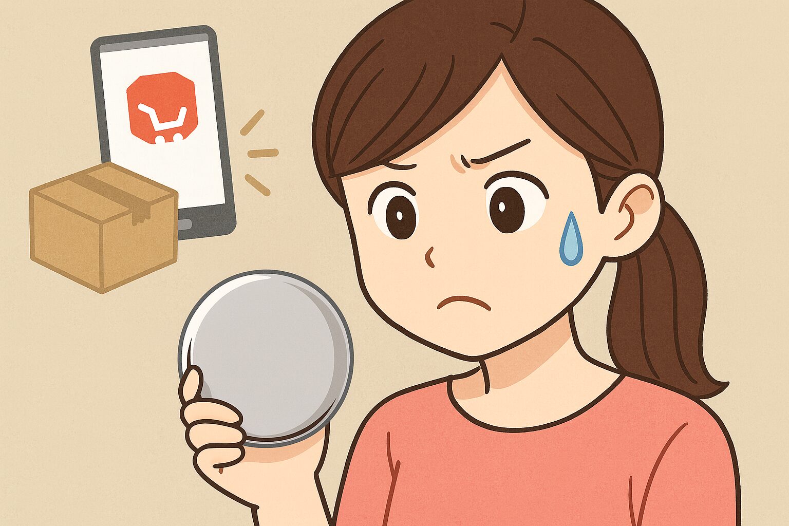 アセッテナイのメルカリでの購入はリスクが高いと踏みとどまっている女性。