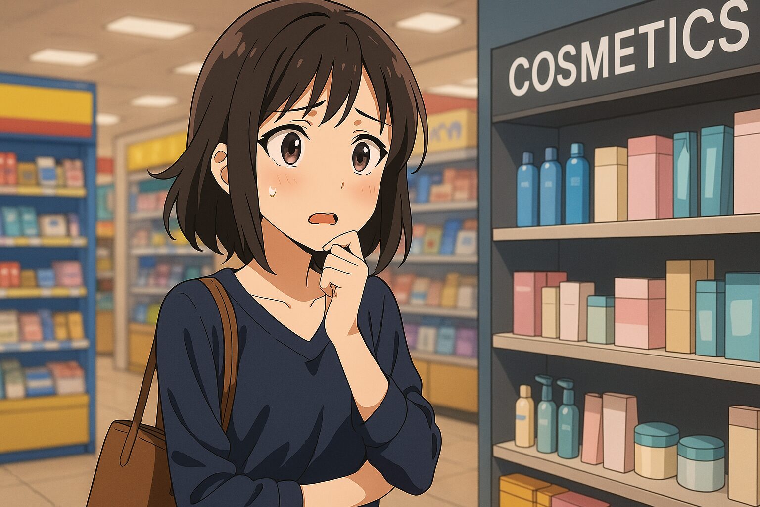 ドンキやロフトなどの実店舗で商品を探すも、見つからずに悩んでいる女性。