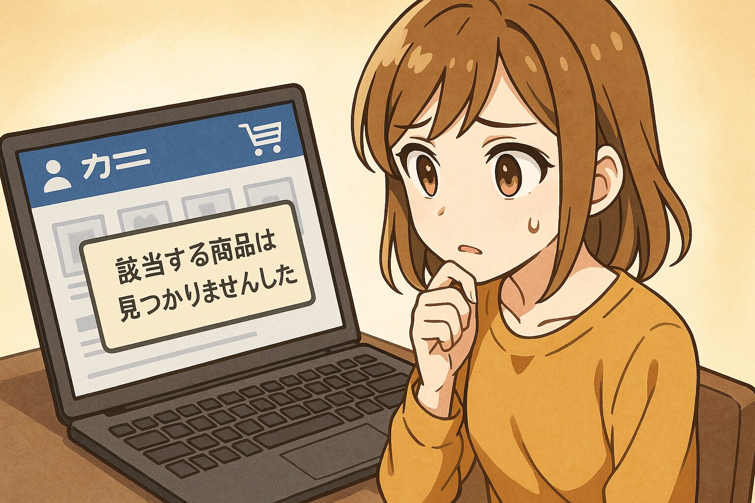 マツキヨやウエルシアの公式サイトでアセッテナイを検索するも、見つからずに悩んでいる女性。