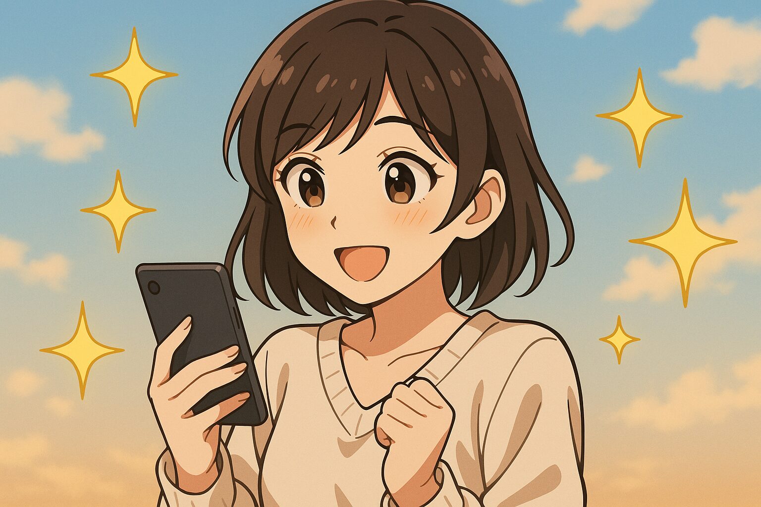 アセッテナイの良い口コミを見つけて喜んでいる女性。