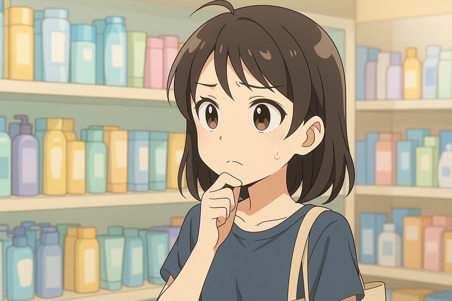 アセッテナイを探しているが、見つからなくて悩んでいる女性。