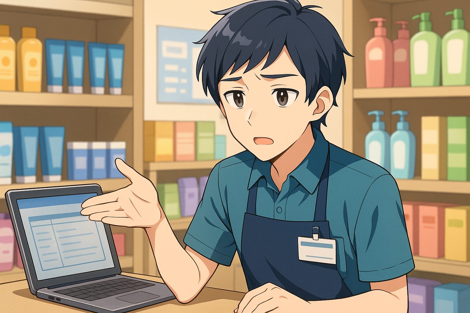 「アセッテナイはうちには置いていません。」と回答した男性の店員。