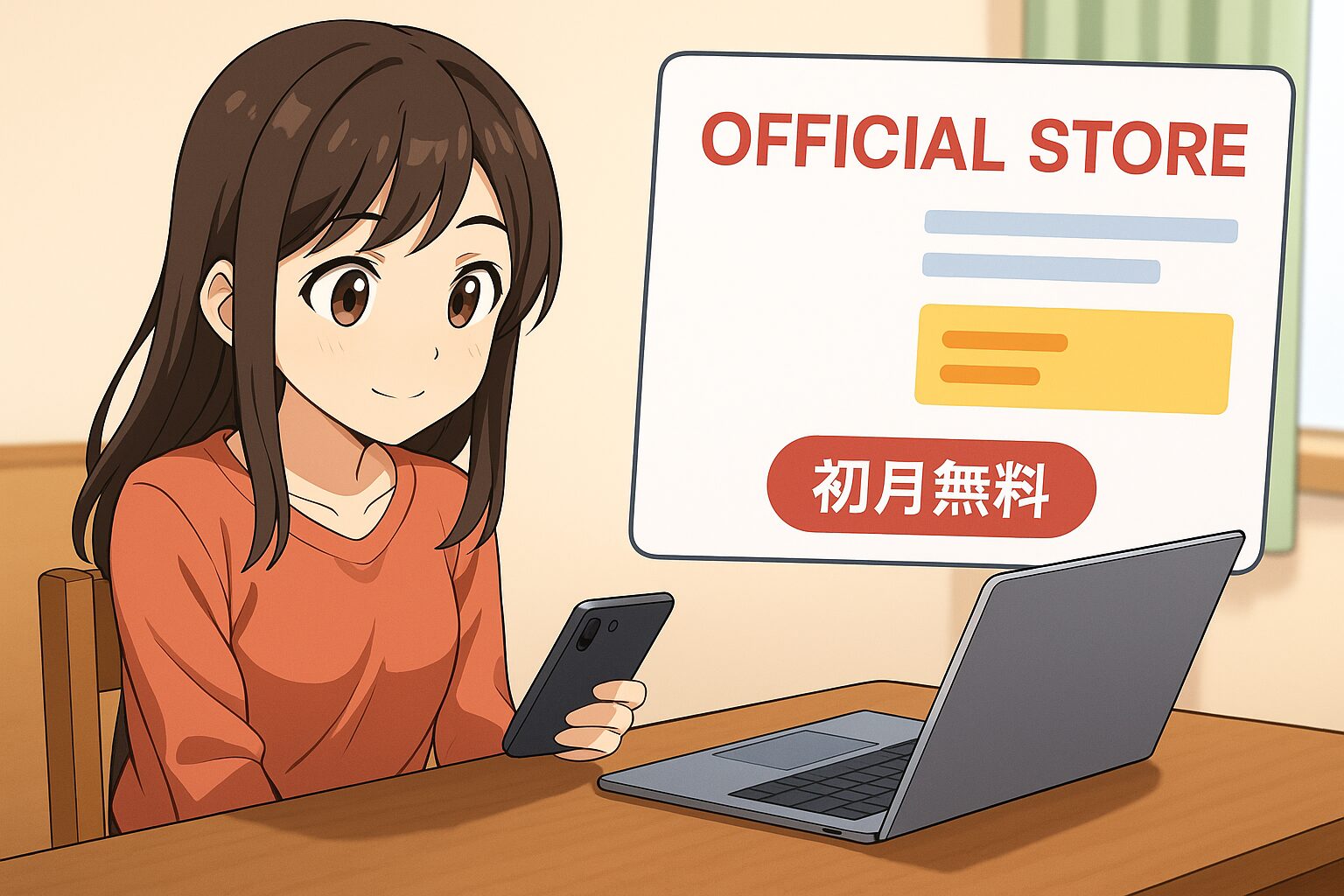 アセッテナイの公式サイトを見て、満足した様子の女性。